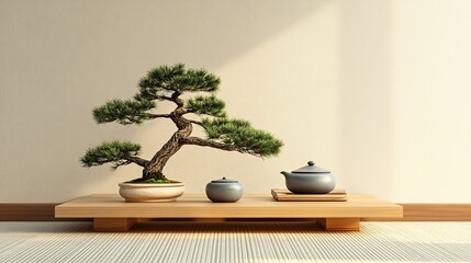 Bonsai tree on low table with ceramic tea set .