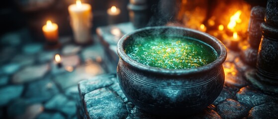 Steaming cauldron sits simmering with glowing green witch's brew near flickering candles in mystical, dark atmosphere.