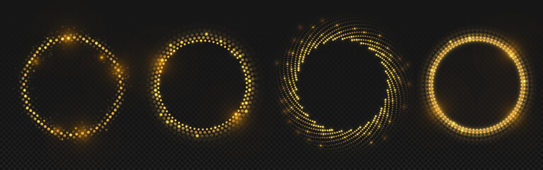 Gold circle halftone glowing rings set - round frames borders made from shimmering golden particles, dots and hearts sequins arranged into concentric circular strips pattern. Luxury festive elements.