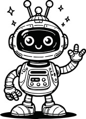 black and white line art vector cartoon  friendly robot isolated for coloring page.A robot cartoon cute fun alien mascot character man illustrations