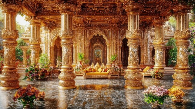 Opulent hindu temple interior with intricate golden carvings and floral arrangements a majestic display of asian artistic craftsmanship