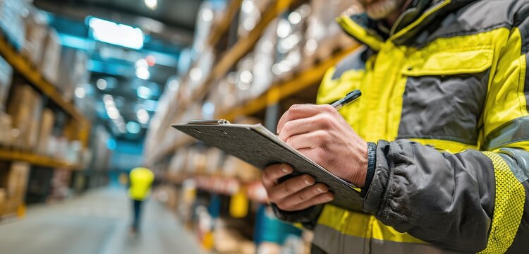 Warehouse worker in safety vest writing on clipboard, inventory management in distribution center with tall shelving racks and organized storage boxes, logistics operations.