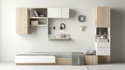 Modern childs bedroom with wooden furniture