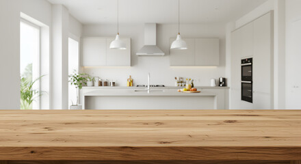 Long Wooden Table in Spacious Kitchen, Ideal for Showcasing Food Products and Appliances