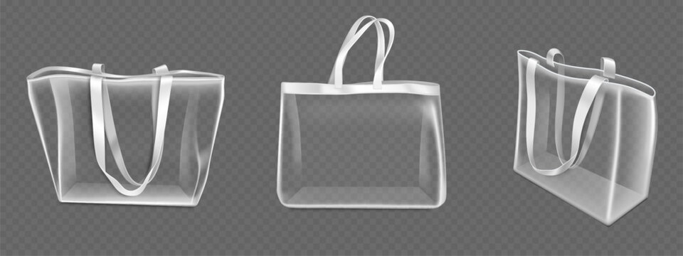 Transparent tote bags mockup set - large shopping package, medium gift sack, handbag pouch. Clear plastic zipper pockets collection. Carrying case in various angles for packaging branding design.