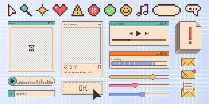 Retro browser window interface elements - profile photo frame, loading progress bar, music player controls. 8-bit pixel art icons, search bar cursor and dialog box buttons. Nostalgic 90s web design
