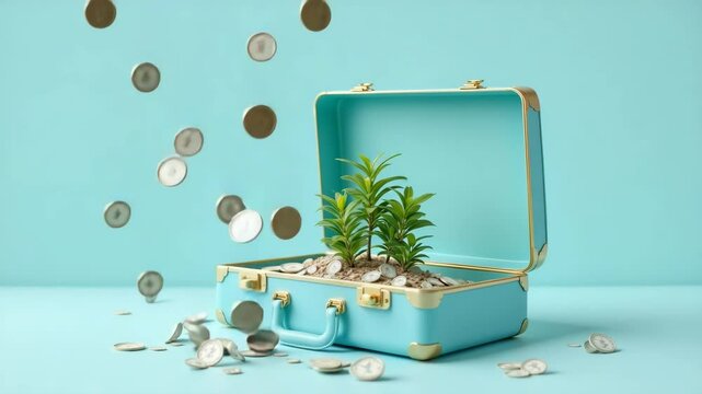 A small plant grows from soil inside an open blue briefcase, surrounded by scattered and falling coins on a pastel background.