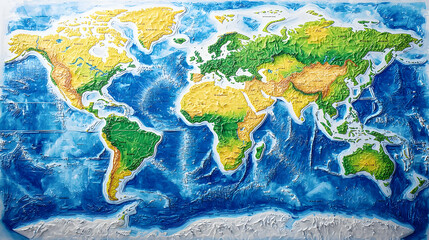 Detailed world map, showcasing continents, oceans, and topography.  High-resolution image of a relief map, displaying landforms and bathymetry. Vivid colors represent elevation changes