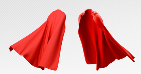 Red super hero cape mockup set front rear view. Vivid scarlet cloak with draped folds, flowing fabric design for hero or king costume. Blank apparel template for product showcase, merchandise display © klyaksun
