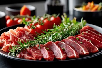 Exquisite presentation of fresh meats and herbs on a plate with colorful ingredients for a gourmet experience