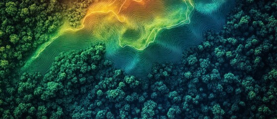 Forest canopy contrasts with contour lines depicting topographic data over natural landscape, showcasing elevation changes.