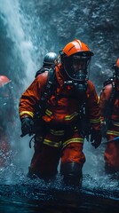 Fototapeta premium Firefighters using AI-assisted suits during a rescue
