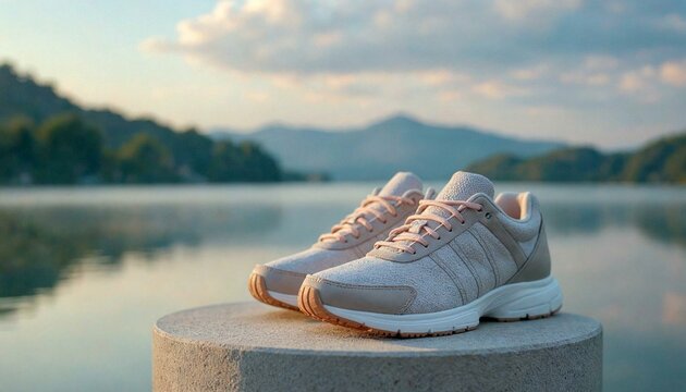Split-Toe Sneakers on Lakeside Pedestal with Mountain Backdrop