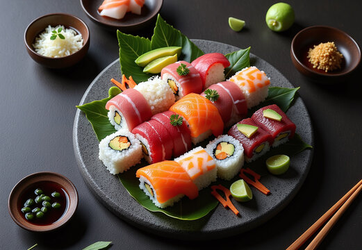 An artfully arranged platter of assorted sushi rolls, featuring tuna, salmon, and other fish, along with avocado and nori, garnished with sesame seeds and served with soy sauce and wasabi.