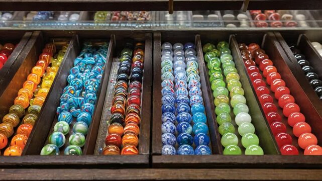 Colorful collection of marbles organized in wooden trays, showcasing various patterns and hues