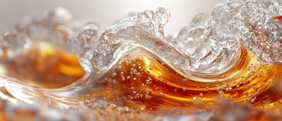 Fluid swirls and splashes, creating a mesmerizing abstract wave with bubbles and liquid.
