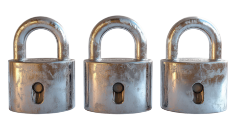  Three silver padlocks with reflective surfaces isolated on transparent background