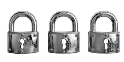  Three silver padlocks with reflective surfaces isolated on transparent background