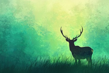 A silhouette of a deer with large antlers stands in a field of tall grass, against a green background.