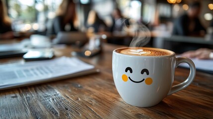 Smiling Coffee Cup on Wooden Table