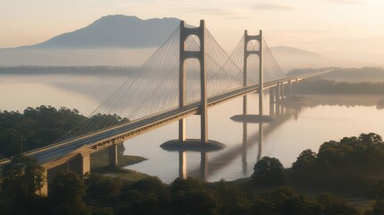 Obraz premium Suspension bridge spanning river with morning fog nature view tranquil waterscape architecture landscape engineering connecting infrastructure