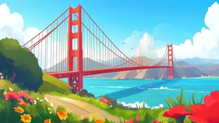 Golden Gate Bridge vista cartoon art landscape San Francisco travel destination vibrant spring blossom scenery and ocean backdrop view