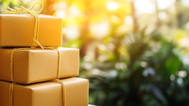 Three boxes tied with string, rustic storage and gift packaging solution 