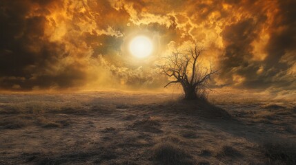A lone tree stands in a barren landscape under an apocalyptic sky