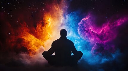 Person Meditating Under Starry Sky with Colorful Cosmic Background