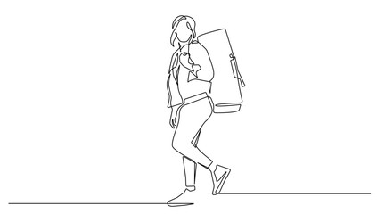 Woman with a Delivery Backpack Continuous One Line Drawing. Delivery Woman Silhouette Linear Style. Delivery Concept in Editable Stroke. Activity Lifestyle Doodle Contour Vector Illustration