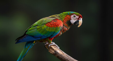 Obraz premium Colorful macaw perched on a branch in a natural habitat. Bird perching, wildlife, nature photography. Exotic bird with natural habitat. zoological park -