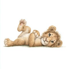 Playful lion cub relaxing on its back with paws in the air in a colorful and cheerful illustration