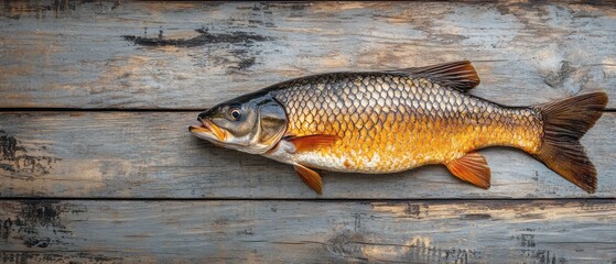 Obraz premium Freshly caught fish laid on rustic wooden planks.