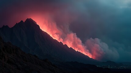 A dramatic volcanic eruption with molten lava flowing down the mountainside under a smoky sky.
