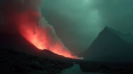 A dramatic volcanic eruption with molten lava flowing down the mountainside under a smoky sky.