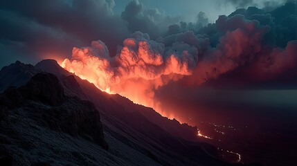A dramatic volcanic eruption with molten lava flowing down the mountainside under a smoky sky.