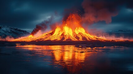 A dramatic volcanic landscape with lava flowing and steam rising, a display of the Earth's raw energy.