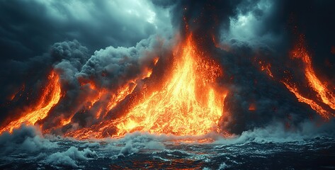 A dramatic volcanic landscape with lava flowing and steam rising, a display of the Earth's raw energy.