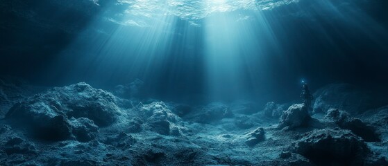 Obraz premium Deep sea diver explores oceanic abyss illuminated by sunbeams, creating atmosphere of mystery and discovery.