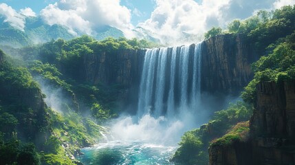 A dramatic waterfall plunging into a deep gorge, surrounded by lush vegetation and mist in the air.
