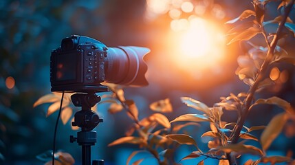 Camera on tripod with sunset in background, nature photography