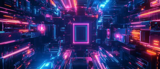 Obraz premium Geometric corridor glows with neon lights, creating an immersive futuristic tunnel.
