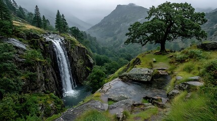 A dramatic waterfall plunging into a deep gorge, the mist rising from the churning water below.