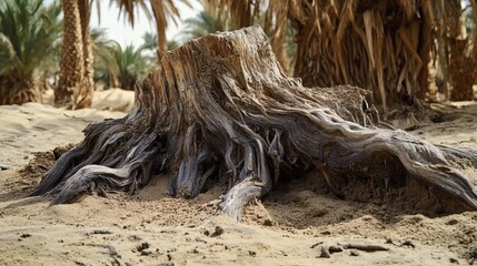 Weathered tree stump in desert oasis, palm trees background