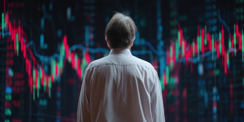 Obraz premium Person white shirt stands front of digital stock market display, observing fluctuating graphs and data. atmosphere conveys