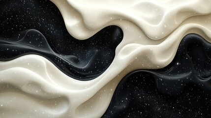 A dynamic abstract artwork featuring swirling lines and shapes in contrasting shades of black and white.