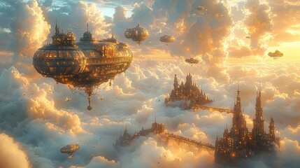 A fantastical airship dock high in the clouds, with various strange and wonderful flying machines.