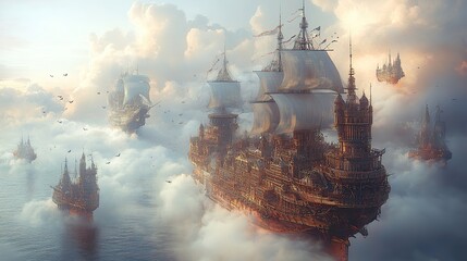 A fantastical airship dock high in the clouds, with various strange and wonderful flying machines.