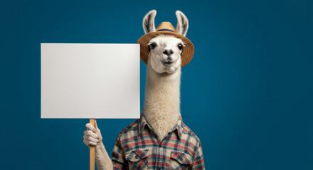 A llama wearing a straw hat and plaid shirt, holding a blank sign, against a vibrant teal background. Funny animal protester in casual attire poses for a photo.