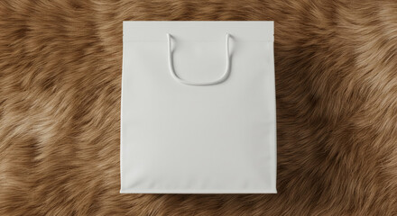 Empty white shopping bag on a tan fur background. Blank paper bag with white string handles rests on a fur-like surface, showcasing design possibilities.